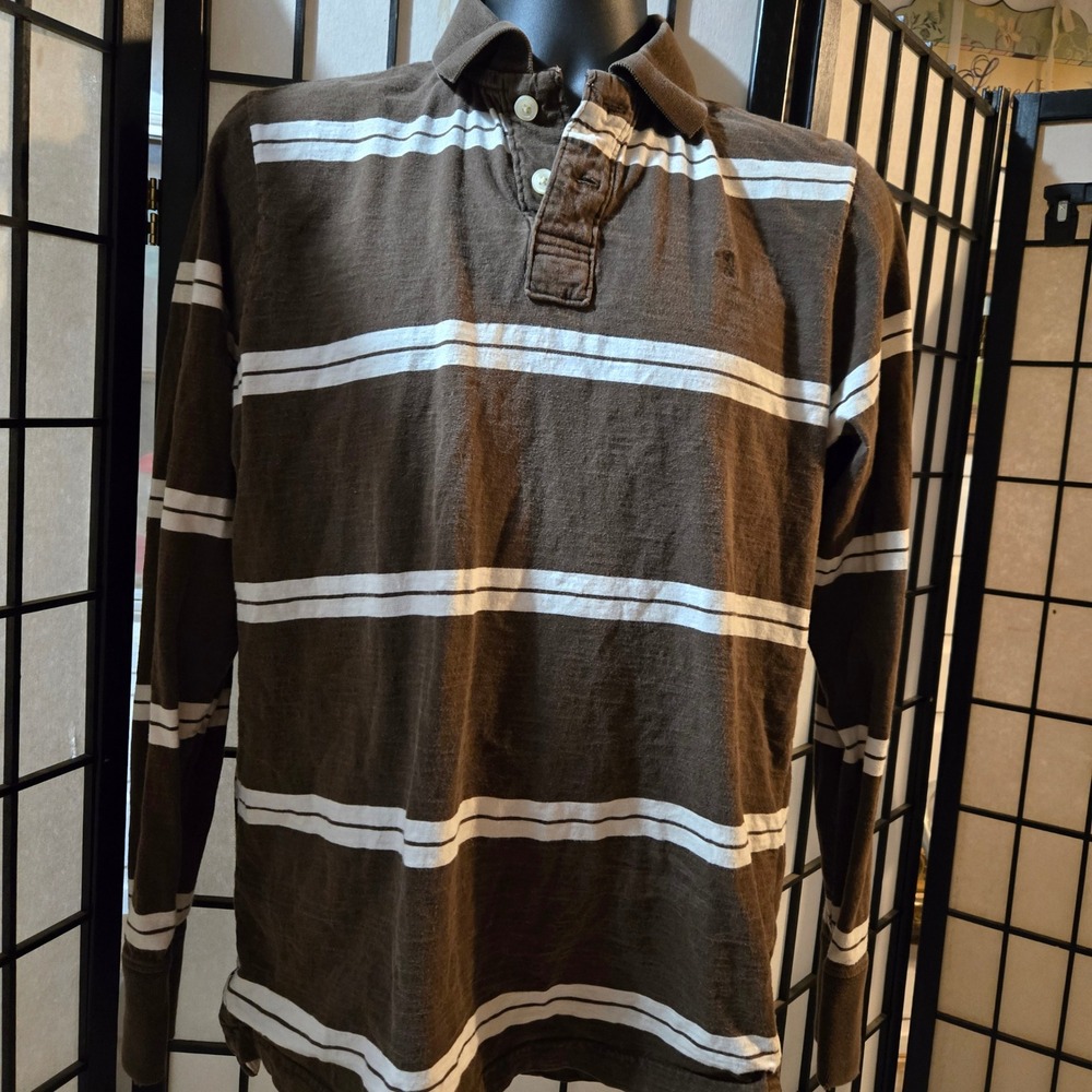 Duck Head Jeans Co Mens Large Brown White Striped Long Sleeve Polo Shirt Cotton